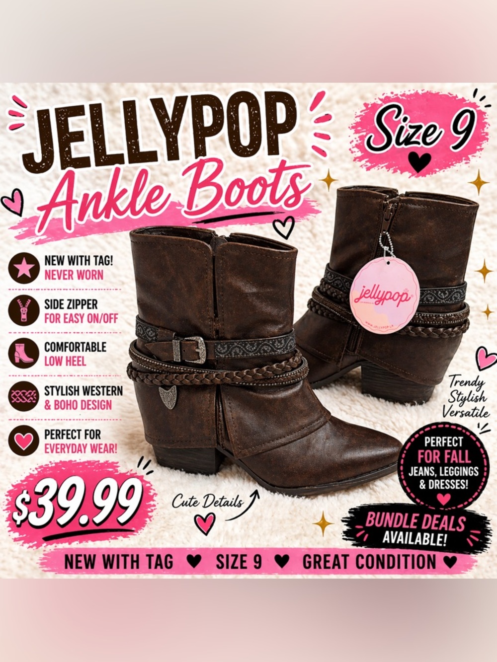 🤎 NEW Jellypop Ankle Boots Size 9 🤎 Western Boho Fall Booties